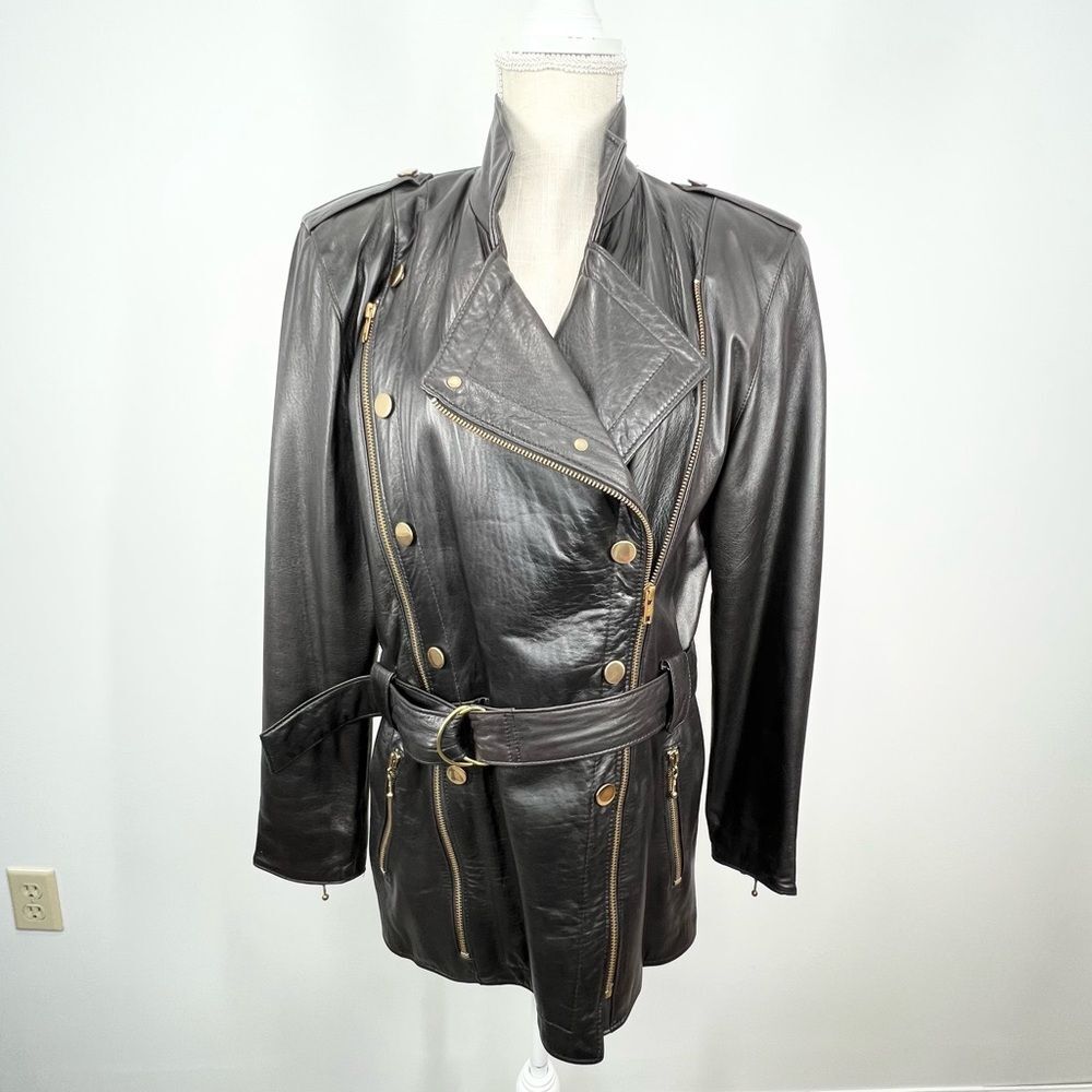 VTG Romano By Red Kid U.S.A. Brown Leather Moto Jacket Gold Buttons Accents S